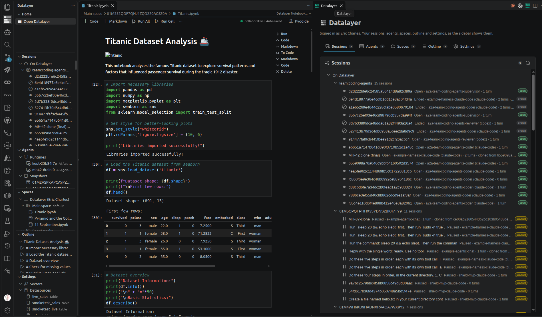 The Datalayer page in VS Code: your sessions, agents, spaces, outline and settings under tabs, beside the Datalayer sidebar and the Datalayer Chat